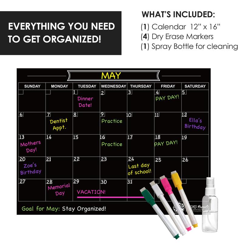 Dry Erase Magnet Calendar for Fridge - Black