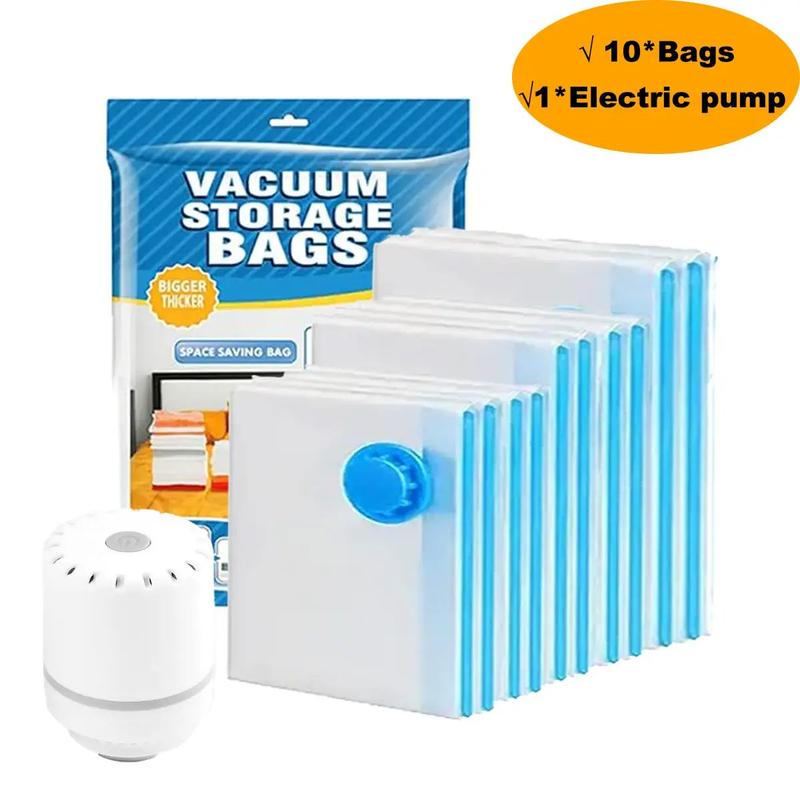 10pcs Vacuum Compression Storage Bag With Electric Pump, Dust Proof Sealed Bags For Clothes, Blankets, Shirts, Household Space Saving Organizer For Dorm, Closet, Wardrobe, Bedroom, Bathroom, travel accessories Turbo