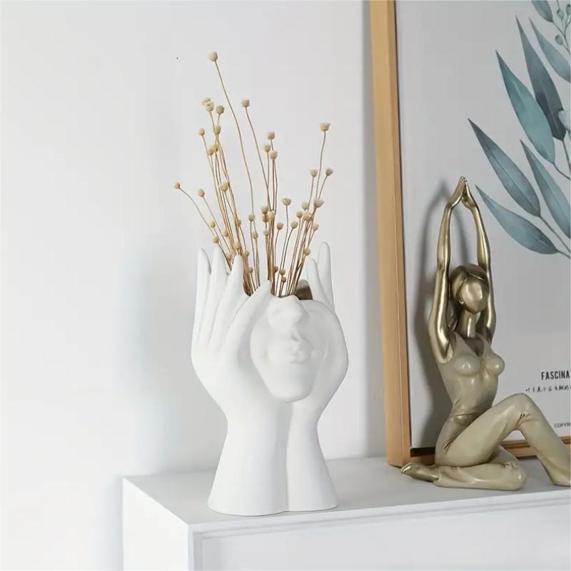 Creative Holding Face Girl Vase, Ceramic Flower Vase, Modern Vase for Home Decor, Desktop Centerpiece for Living Room, Bedroom, Fireplace