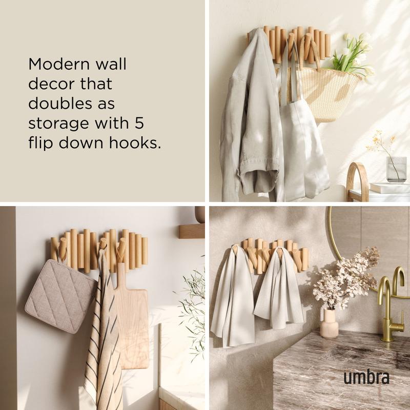 Umbra Picket Wall Hook, Real Pine Wood, Flip-Down Hooks, Decorative Storage for Entryway or Room, 15-Inch Width - Choose Your Pack Hangable