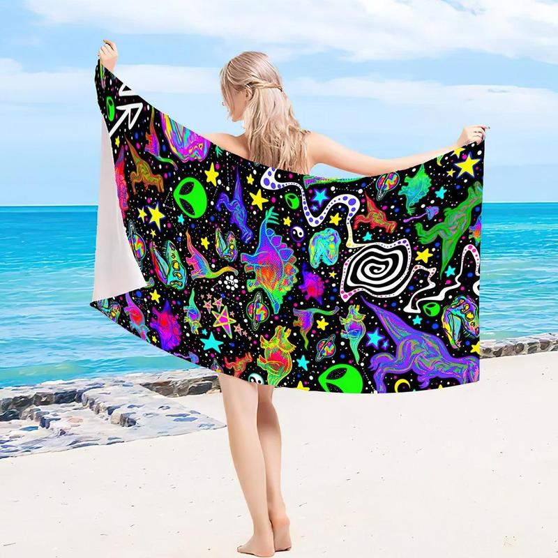 Cartoon Dinosaur & Starry Sky Pattern Beach Towel, Beach Blanket, Mat, Super Absorbent Soft Swimming Pool Travel Bath Towel, Reusable Camping Hiking Towel, Gifts