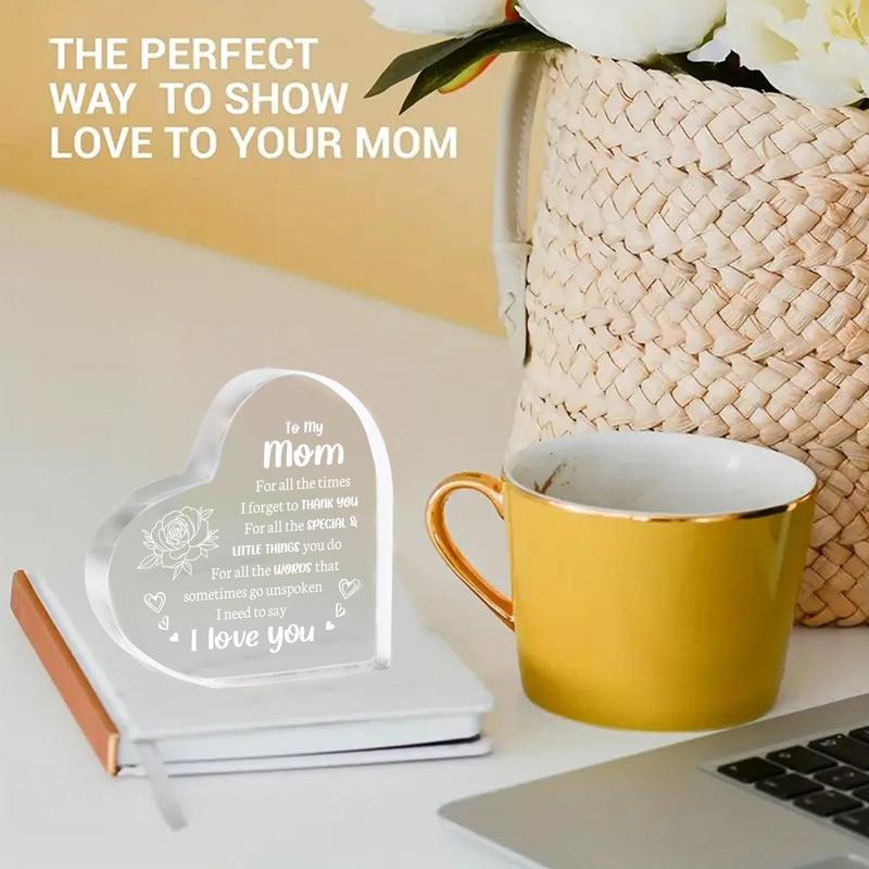 Heart Shaped Acrylic Block, Flower & Letter Pattern Decorative Ornament,  Room Decor Inspirational Creative Gift for Mom