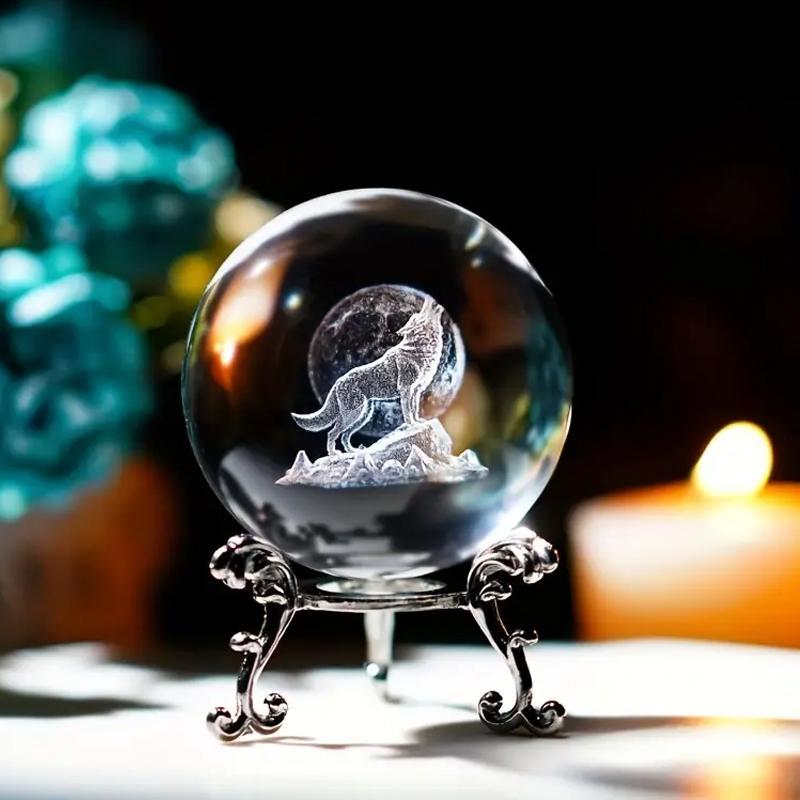 Wolf Design Crystal Ball with Base, 1 Count 3D Laser Glass Ball Ornament, Decorative Glass Ball for Home Office Desktop, Gift for Friend & Family