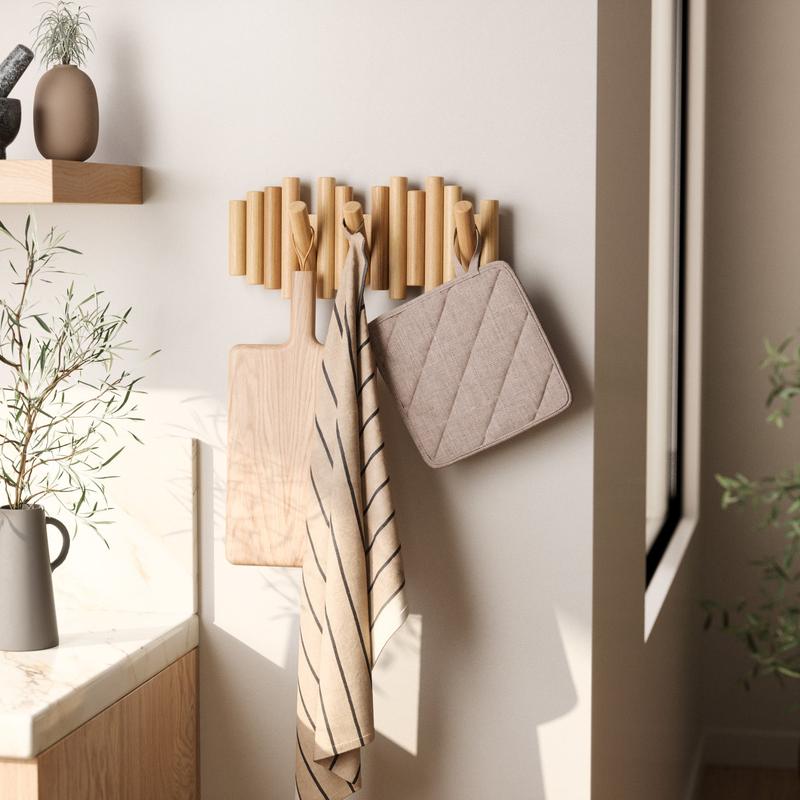 Umbra Picket Wall Hook, Real Pine Wood, Flip-Down Hooks, Decorative Storage for Entryway or Room, 15-Inch Width - Choose Your Pack Hangable