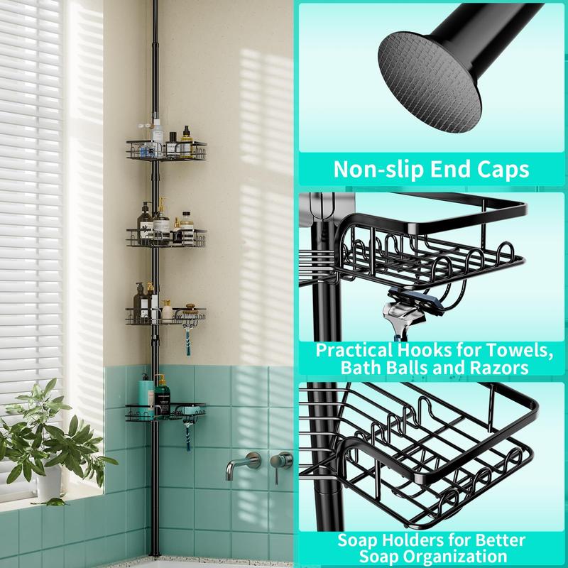 HapiRm Corner Shower Caddy Organizer: Rustproof, Waterproof with Soap Holder, Extendable Shower Shelf Tension Pole (104.3 to 113.8 Inch) Racks