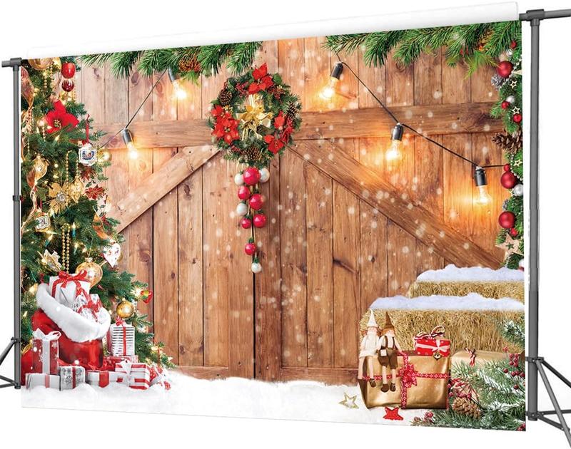 10x8ft Christmas Backdrop Christmas Barn Door Photography Backdrop Xmas Tree Snow Wall Background Xmas Party Supplies Family  Party Banner Decorations Backdrops CY177