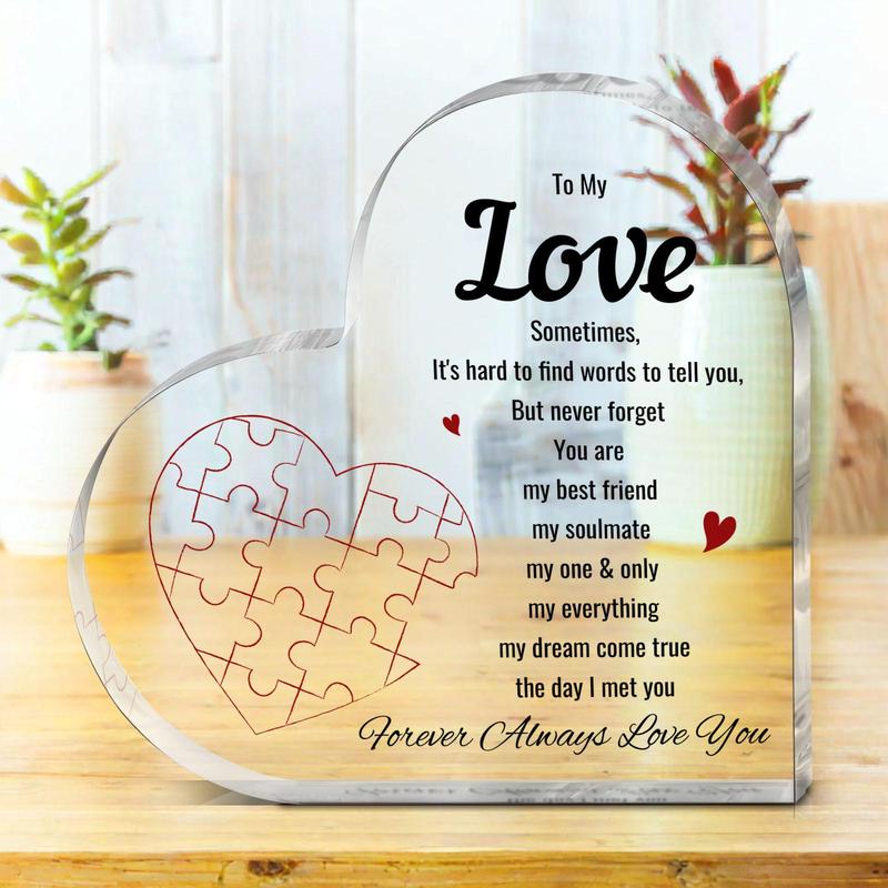 Acrylic Heart Shaped Puzzle Plaque, 1 Count Creative Letter Pattern Heart Shaped Memorial Brand Plaque, Gift for Girlfriend Boyfriend Fiancee