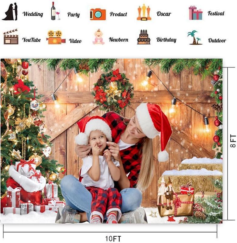 10x8ft Christmas Backdrop Christmas Barn Door Photography Backdrop Xmas Tree Snow Wall Background Xmas Party Supplies Family  Party Banner Decorations Backdrops CY177