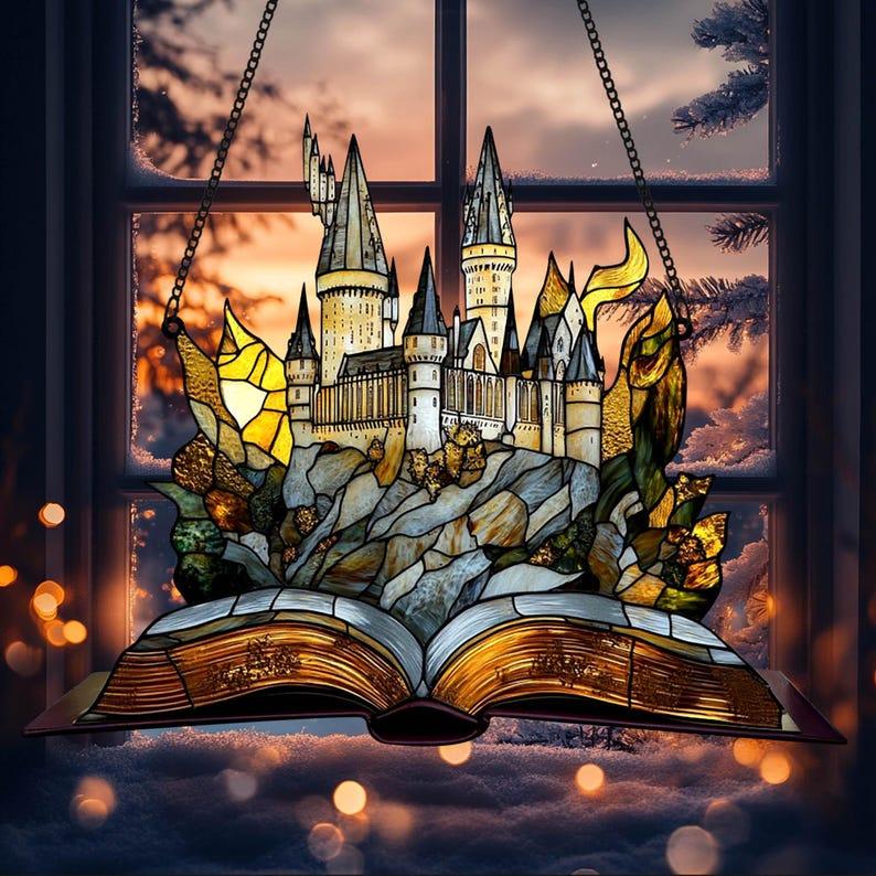 Express Train and Castle Suncatcher, Magical Castle Window Hanging, Bookish Decor for Wizard School Fans, Christmas Home Decoration, Housewarming Gift