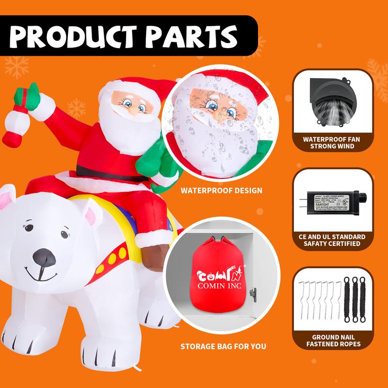 COMIN 7 FT Long Christmas Inflatables Santa Clause Outdoor Decorations Blow Up Yard Polar Bear Shaking Head with Built-in LEDs for Indoor Party Garden Lawn Decor Water Proof Ornaments