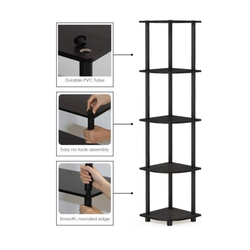 5 Tier Corner Display Rack Multipurpose Shelving Unit with Round Tube color Espresso Black Organiser