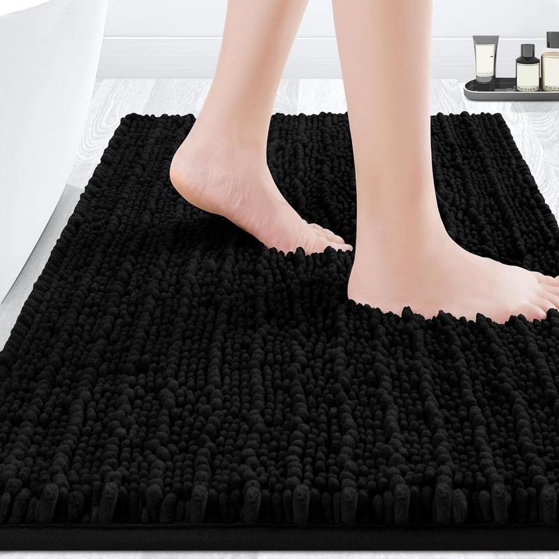 Upgrade Extra Large Black Bathroom Rug Set 3 Pieces Ultra Soft, Thick Absorbent Bath Mats, Non Slip Chenille Toilet Mat for Bathroom, Bedroom, Kitchen Cloud Cozy