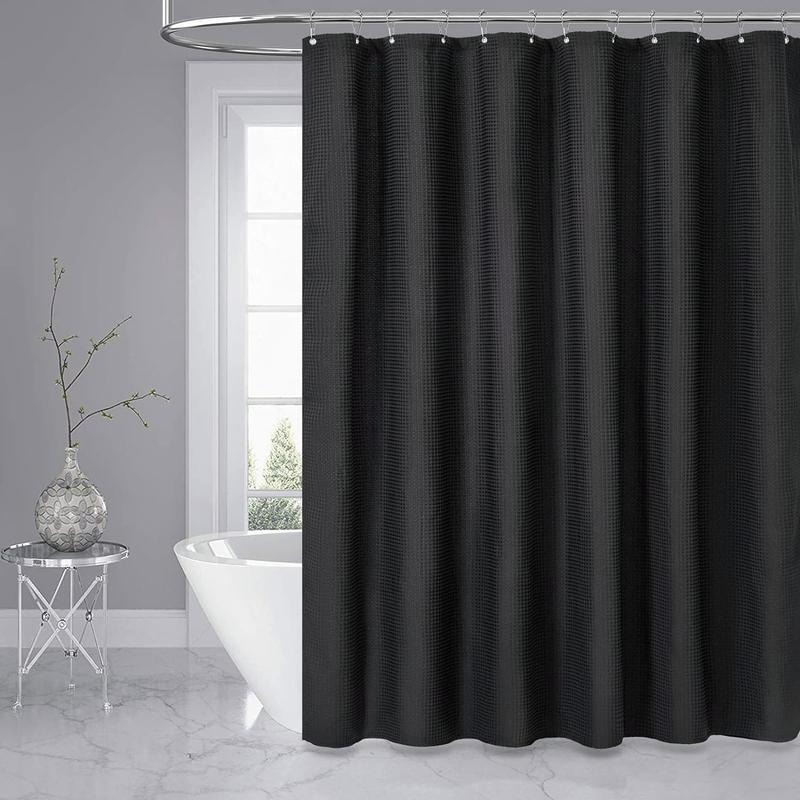 Black 72Wx72H Fabric Shower Curtain - Waffle Textured, Heavy Duty! 256GSM Luxury Polyester Set with 12 Hooks, for Bathroom.