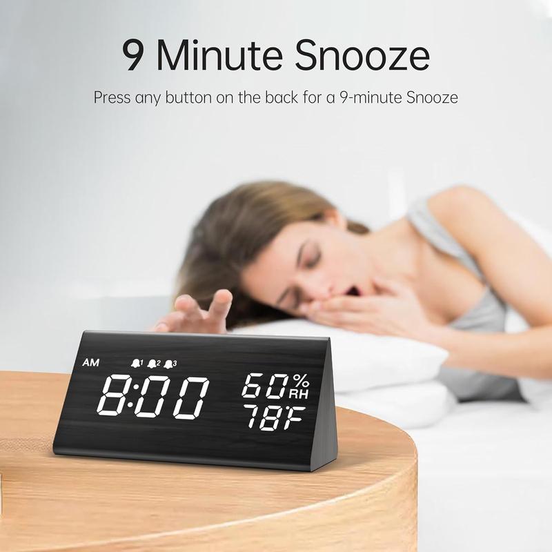 Digital Alarm Clock, with Wooden Electronic LED Time Display, 3 Alarm Settings, Humidity & Temperature Detect, Wood Made Electric Clocks for Bedroom, Bedside (Black)