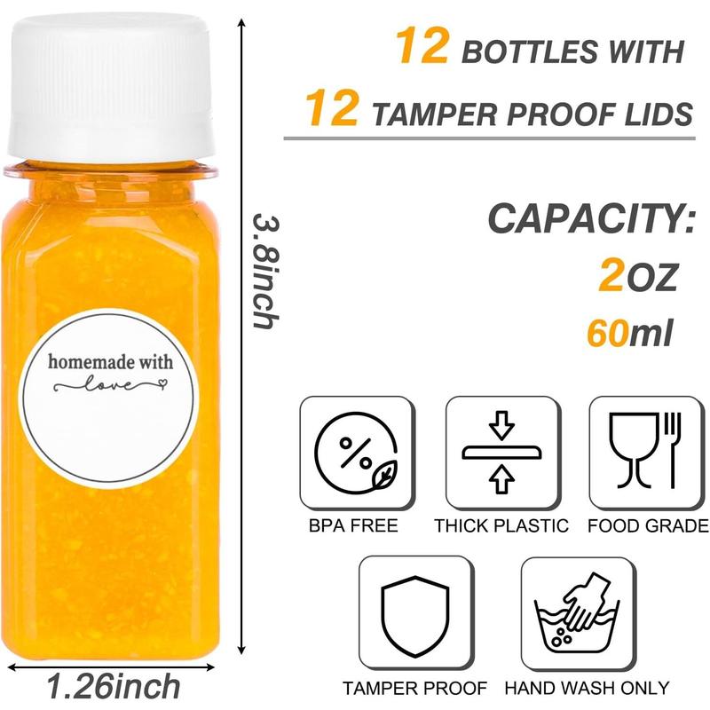 12Count 2oz Shot Bottles with Caps, Reusable Clear Plastic Bottles for Liquids, Empty Containers for Ginger Shots, Juice and Other Beverages