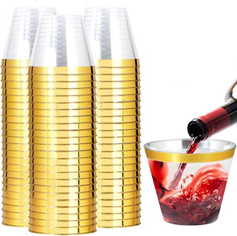 200 Pack Gold Plastic Cups, 9 Oz Elegant Clear Plastic Cups Gold Rimmed Disposable Wine Glasses Fancy Disposable Party Cups Wedding Cups Drinking Tumblers Plastic Cocktail Glasses with Gold Rim