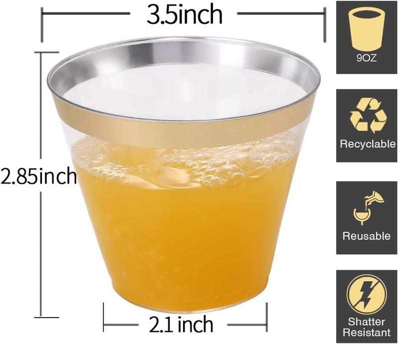 200 Pack Gold Plastic Cups, 9 Oz Elegant Clear Plastic Cups Gold Rimmed Disposable Wine Glasses Fancy Disposable Party Cups Wedding Cups Drinking Tumblers Plastic Cocktail Glasses with Gold Rim