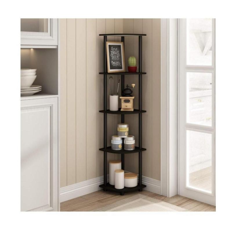 5 Tier Corner Display Rack Multipurpose Shelving Unit with Round Tube color Espresso Black Organiser