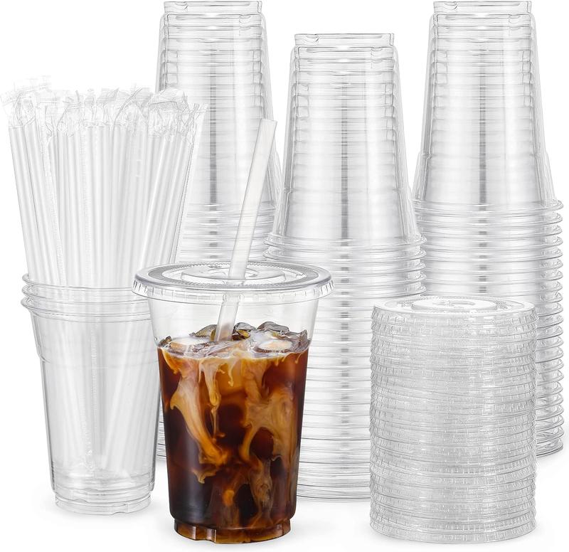 [100 sets -16 oz] Plastic cup with lid and straw, disposable cup suitable for iced coffee, smoothies, milkshakes, cold drinks - transparent