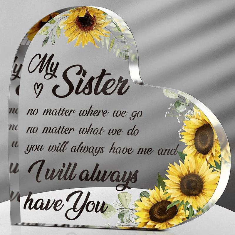 Creative Unique Acrylic Heart Shaped Decoration Craft, 1 Count Letter & Sunflower Graphic Art Craft Desktop Ornament for Memorial Gift, Best Gift for Sisters