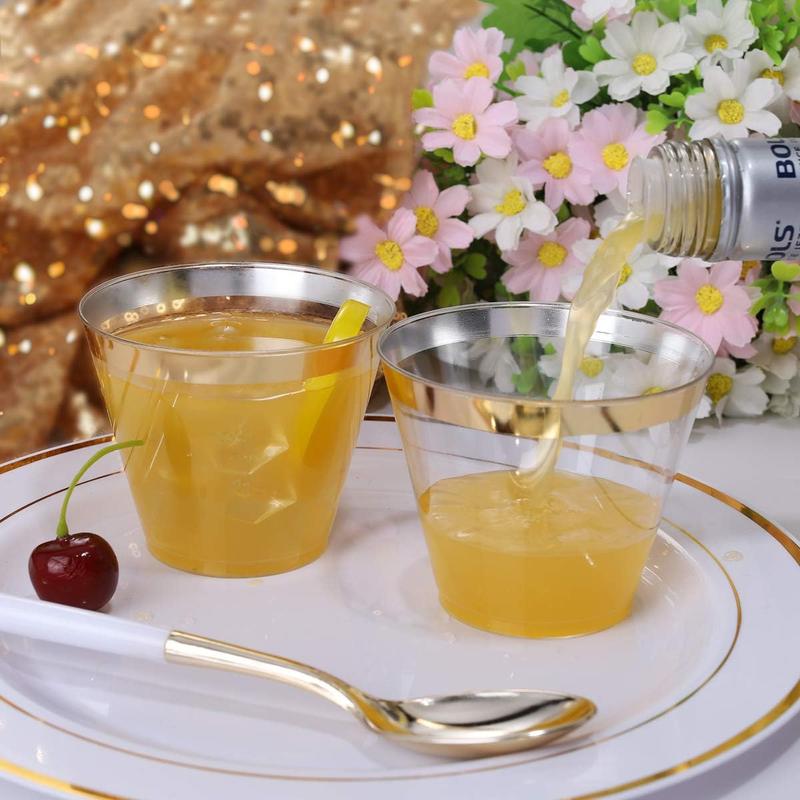 200 Pack Gold Plastic Cups, 9 Oz Elegant Clear Plastic Cups Gold Rimmed Disposable Wine Glasses Fancy Disposable Party Cups Wedding Cups Drinking Tumblers Plastic Cocktail Glasses with Gold Rim