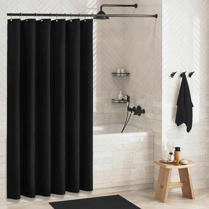 Black 72Wx72H Fabric Shower Curtain - Waffle Textured, Heavy Duty! 256GSM Luxury Polyester Set with 12 Hooks, for Bathroom.