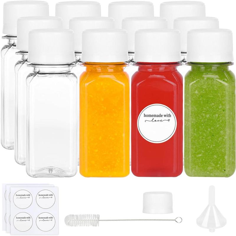 12Count 2oz Shot Bottles with Caps, Reusable Clear Plastic Bottles for Liquids, Empty Containers for Ginger Shots, Juice and Other Beverages