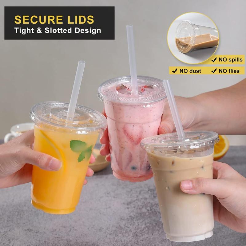 [100 sets -16 oz] Plastic cup with lid and straw, disposable cup suitable for iced coffee, smoothies, milkshakes, cold drinks - transparent