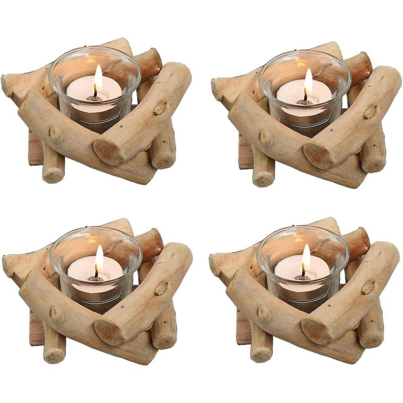 Handmade Wooden Tea Light Candle Holder with Glass Cup Rustic Country Coastal Style for Farmhouse Home Decoration Home Altar Decoration Holoday Wedding Decoration