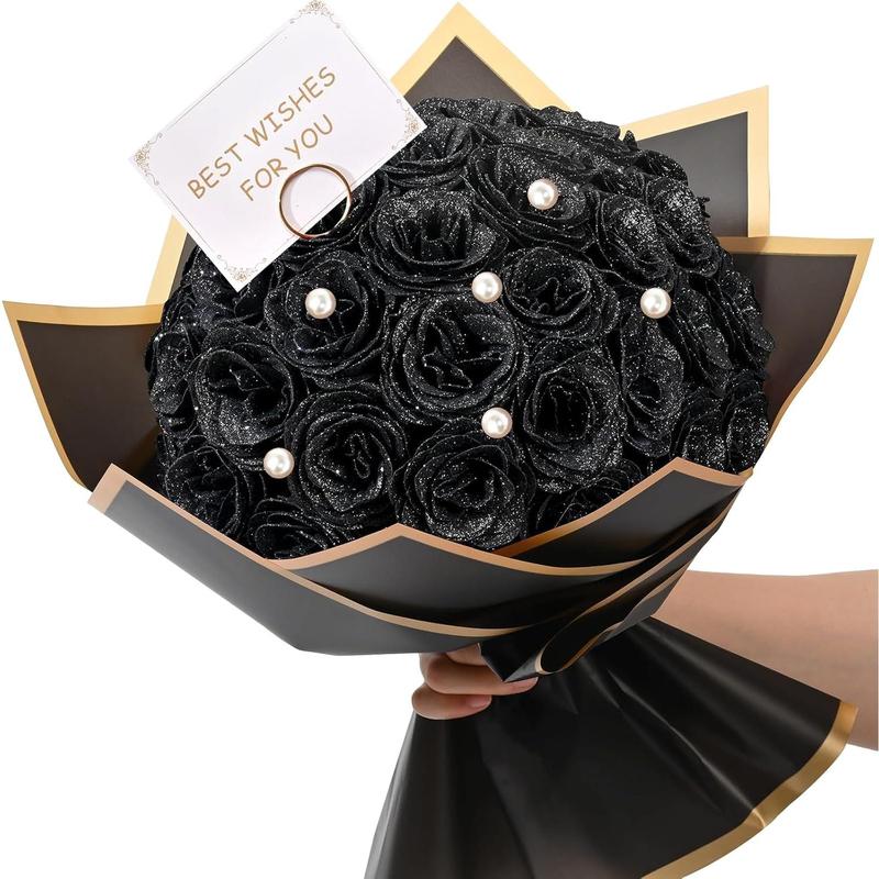 Black Glitter Roses Bouquet, DIY   Bouquet, Artificial Rose Bouquet for Valentine's Day, Anniversary, Engagement, Wedding, 36 Roses