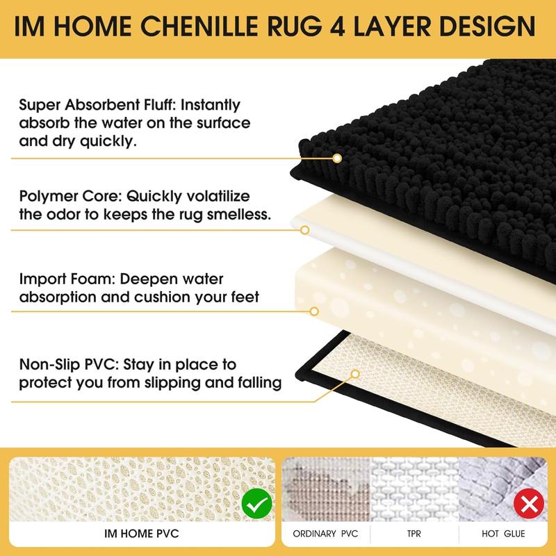 Upgrade Extra Large Black Bathroom Rug Set 3 Pieces Ultra Soft, Thick Absorbent Bath Mats, Non Slip Chenille Toilet Mat for Bathroom, Bedroom, Kitchen Cloud Cozy