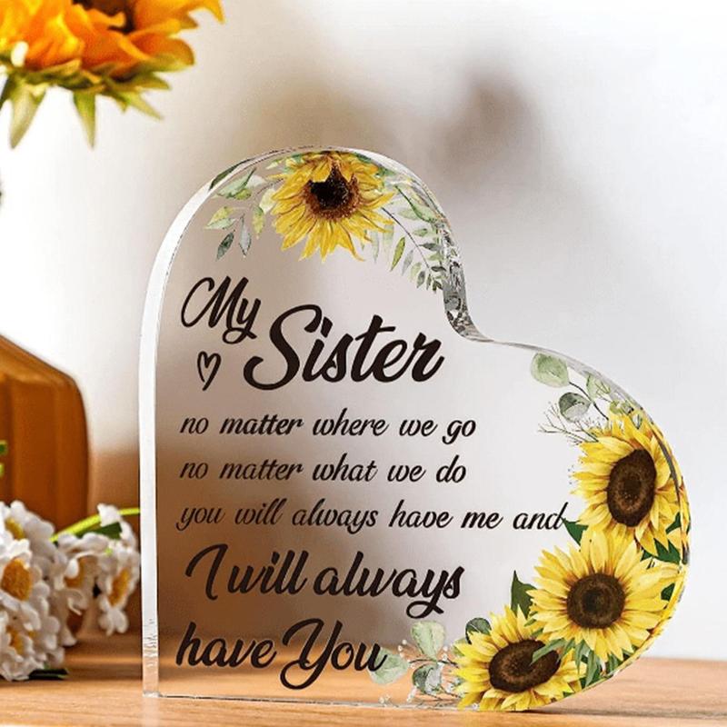 Creative Unique Acrylic Heart Shaped Decoration Craft, 1 Count Letter & Sunflower Graphic Art Craft Desktop Ornament for Memorial Gift, Best Gift for Sisters