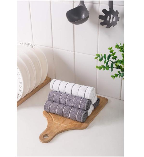 Microfiber Dish Towels, Stripe Designed, Super Soft and Absorbent Dishcloth, Pack of 8, 12 x 12 Inch, Gray and White