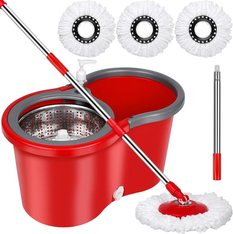 Spin Mop Bucket System Wrings Set, with 3 Microfiber Mop Head, 61'' Adjustable Stainless Steel Pole, Household Cleaning Tools Items Box