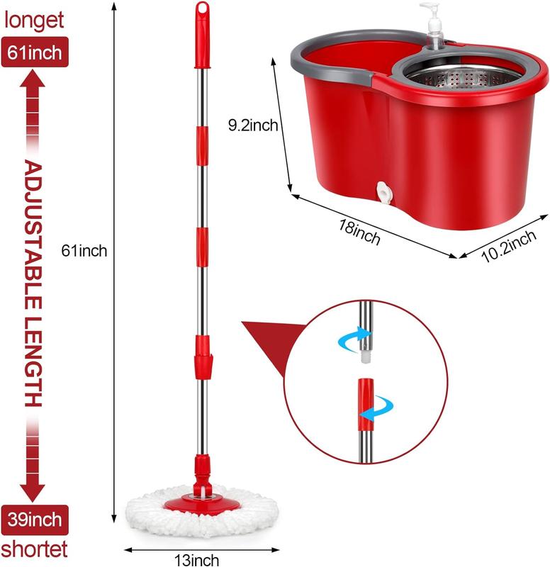 Spin Mop Bucket System Wrings Set, with 3 Microfiber Mop Head, 61'' Adjustable Stainless Steel Pole, Household Cleaning Tools Items Box