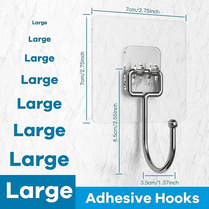 20 Pack Large Adhesive Hooks for Hanging Heavy Duty Wall Hooks 50 lbs Self Adhesive Towel Hook Waterproof Transparent Hooks