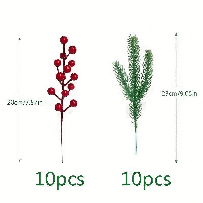 Artificial Pine Needle & Berry Stem, 20pcs set Fake Pine Needle & Berry Stem, DIY Christmas Decorative Plant for Home Party Wedding Festival