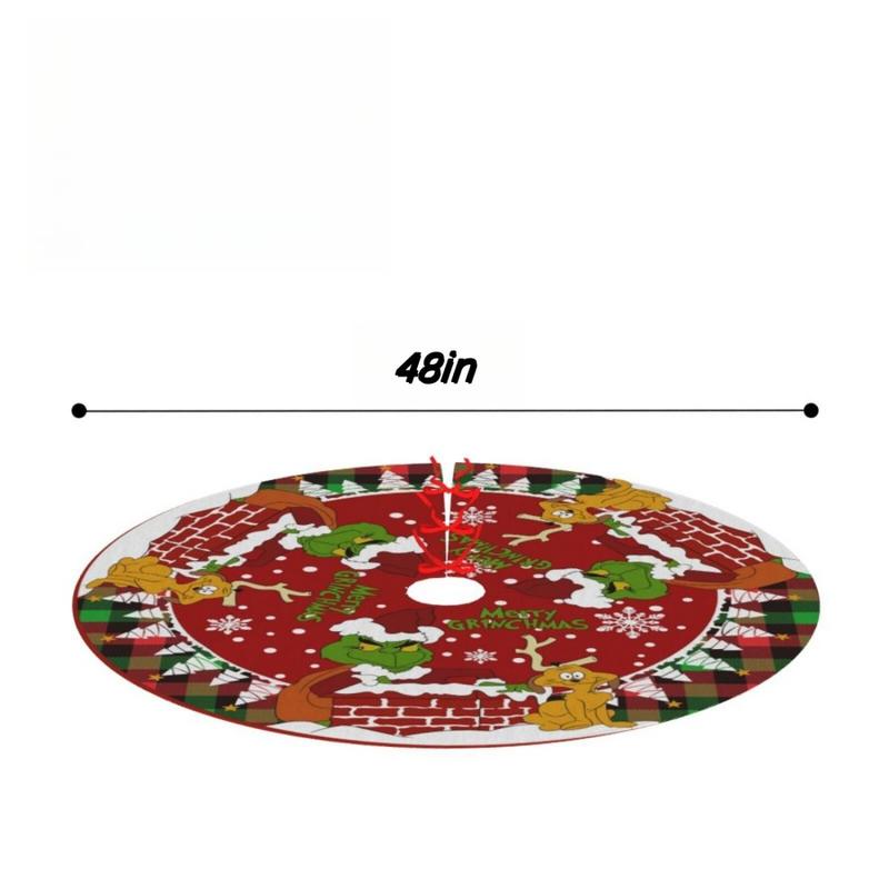 Christmas Tree Skirt Xmas Tree Mat  48 Inches, Xmas Large Lace-up Red Green Buffalo Plaid Check Tree Skirt, Santa Max Snowflakes Rustic Holiday Party Decor