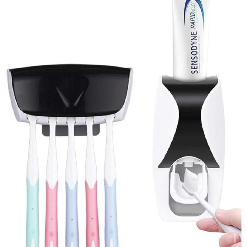 Toothbrush Holder Toothpaste Dispenser Set Dustproof with Super Sticky Pad Wall Mounted  Hands Free Toothpaste Squeezer for Family Washroom bathroom