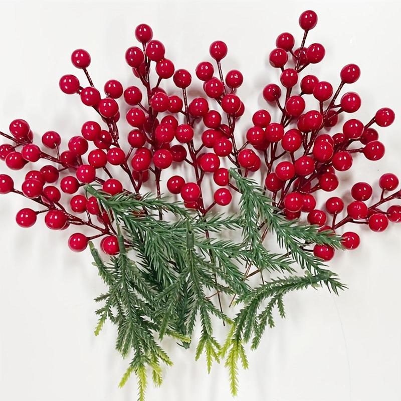 Artificial Pine Needle & Berry Stem, 20pcs set Fake Pine Needle & Berry Stem, DIY Christmas Decorative Plant for Home Party Wedding Festival