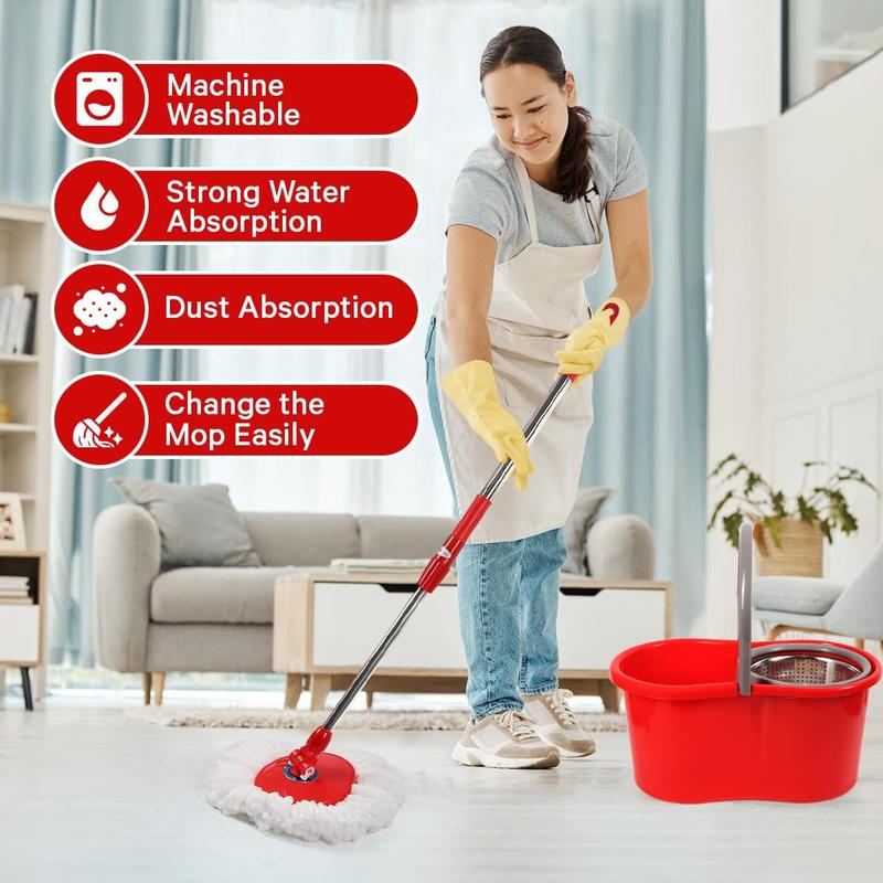 Spin Mop Bucket System Wrings Set, with 3 Microfiber Mop Head, 61'' Adjustable Stainless Steel Pole, Household Cleaning Tools Items Box