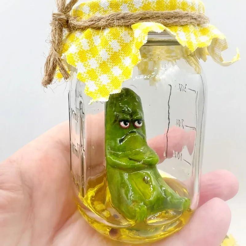 Grumpy Pickle in A Jar Sculpture,Miniature Glass Screaming Pickle in a Jar Sculpture,Handmade Cute Emotional Support Pickle in a Jar, Cute Pickle in a Jar Sculpture Gift (Angry) Resin christmas 2024 ornament