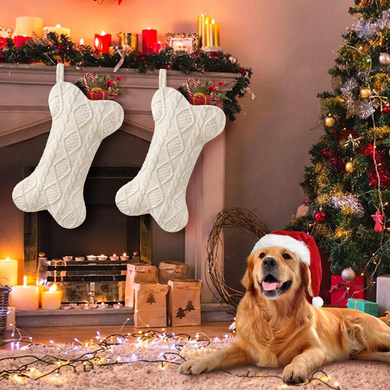 Bone Shaped Hanging Christmas Stocking, 1 Count Large Knit Dog Stocking, Hanging Dog Christmas Stocking, Festive & Party Supplies