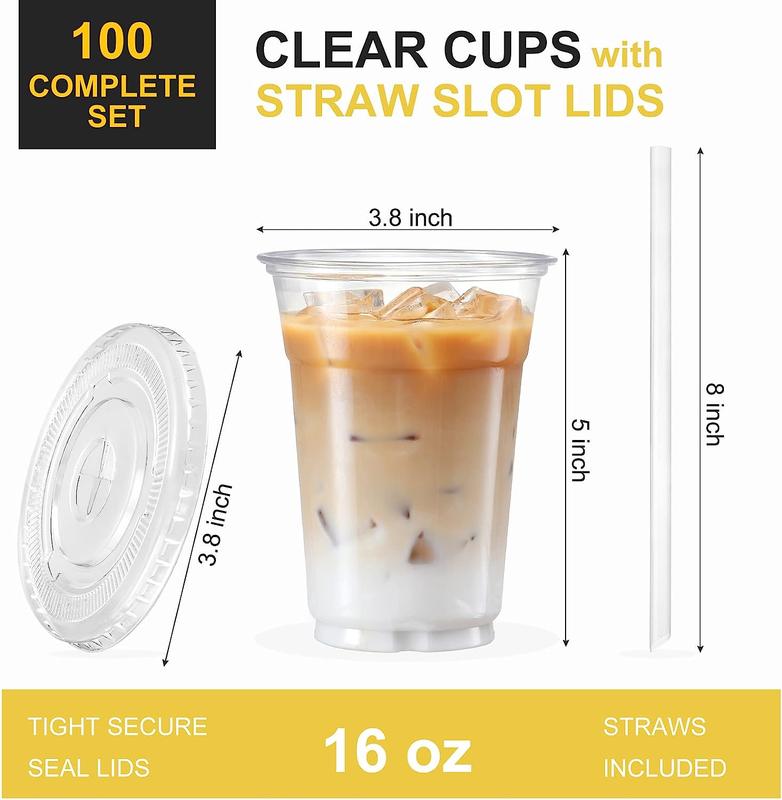 100 Sets - Clear Plastic Cups with Lids and Straws, Disposable Cups for Iced Coffee, Smoothie, Milkshake, Cold Drinks, 12,16,20oz BPA-Free Drinkware Cups Pet Gift