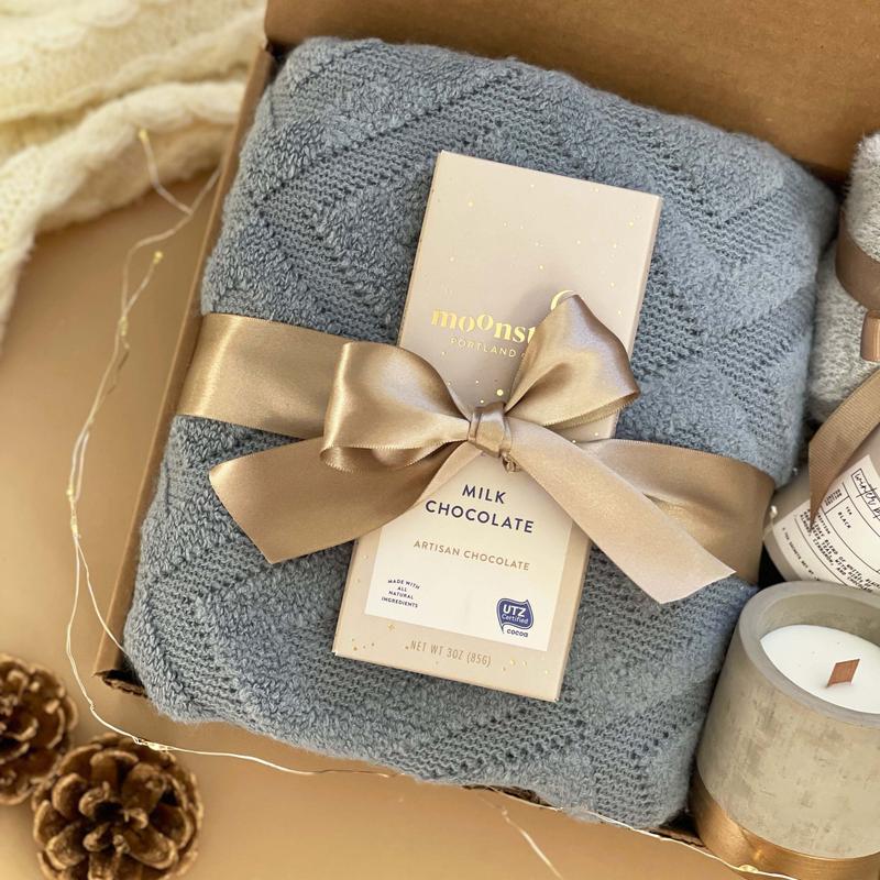 Classy Gift Basket for Women - Cozy Gift Box with Blanket, Socks, Candle - Self Care Gift Box, Care Package, Gifts for Her for Any Occasion