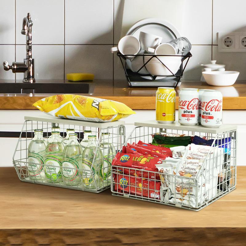 2 Pack Fruit Storage Basket, Stackable Wall Mounted Wire Baskets with Wooden Tabletop, Hanging Kitchen Basket, Wall Basket, Potato and Onion Storage for Kitchen, countertop organizer for snack, fruit, vegetable, fruits  basket Hangable