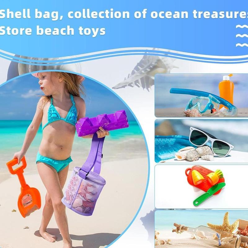 Mesh Shell Storage Bag, Round Sand Bucket Toy Collection Bag with Strap, Beach Bag, Water Sports Accessories Storage Bag for Swimming Beach