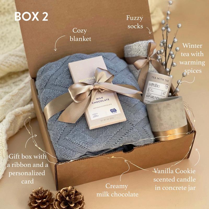 Classy Gift Basket for Women - Cozy Gift Box with Blanket, Socks, Candle - Self Care Gift Box, Care Package, Gifts for Her for Any Occasion