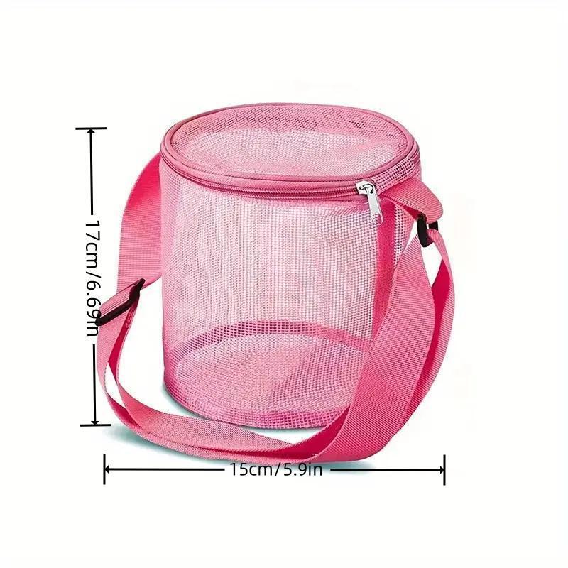 Mesh Shell Storage Bag, Round Sand Bucket Toy Collection Bag with Strap, Beach Bag, Water Sports Accessories Storage Bag for Swimming Beach