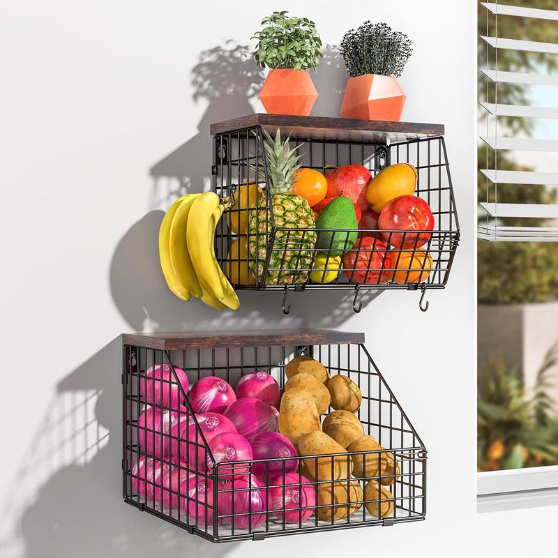 2 Pack Fruit Storage Basket, Stackable Wall Mounted Wire Baskets with Wooden Tabletop, Hanging Kitchen Basket, Wall Basket, Potato and Onion Storage for Kitchen, countertop organizer for snack, fruit, vegetable, fruits  basket Hangable